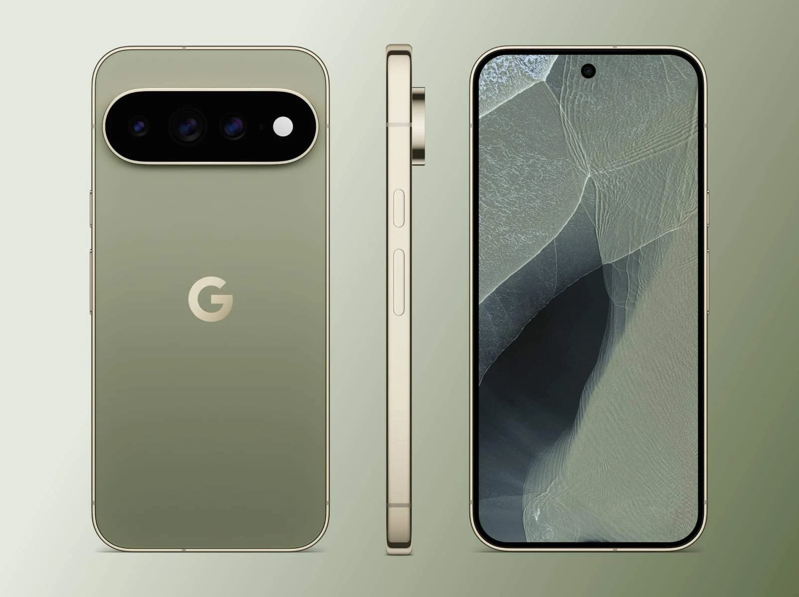 Google Pixel 11 Pro XL en color oliva, vistas frontal, lateral y posterior